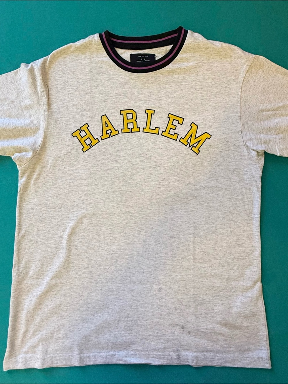 HARLEM Graphic Ringer Tee - Light Gray with Yellow Lettering